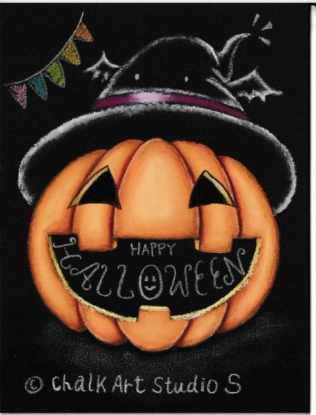 画像1: ハロウィンボードを描こう・★★初級・動画URL(約33分)＋画材キット 【セット内容】下絵入りブラックボード+手作りテキスト+転写用下絵コピー+図案コピー+カラーサンプルのコピー+チョーク5本＋白黒ペンシル2本　¥3.980(税込) ※限定5セット (1)